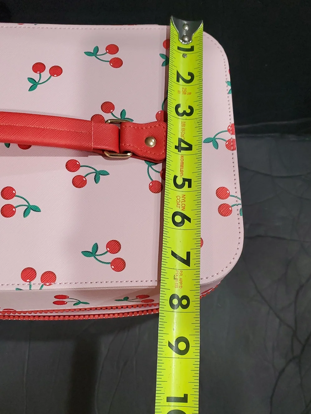 Cherry print pink makeup cosmetics large hard train case with cherry zip pull